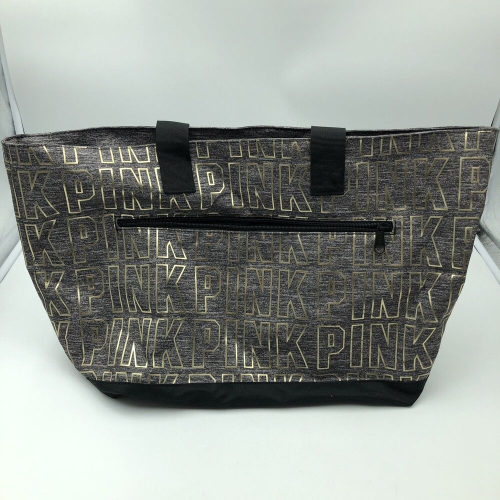 Victoria's Secret Gray Gold Pink Logo Waterproof Zip Tote Bag